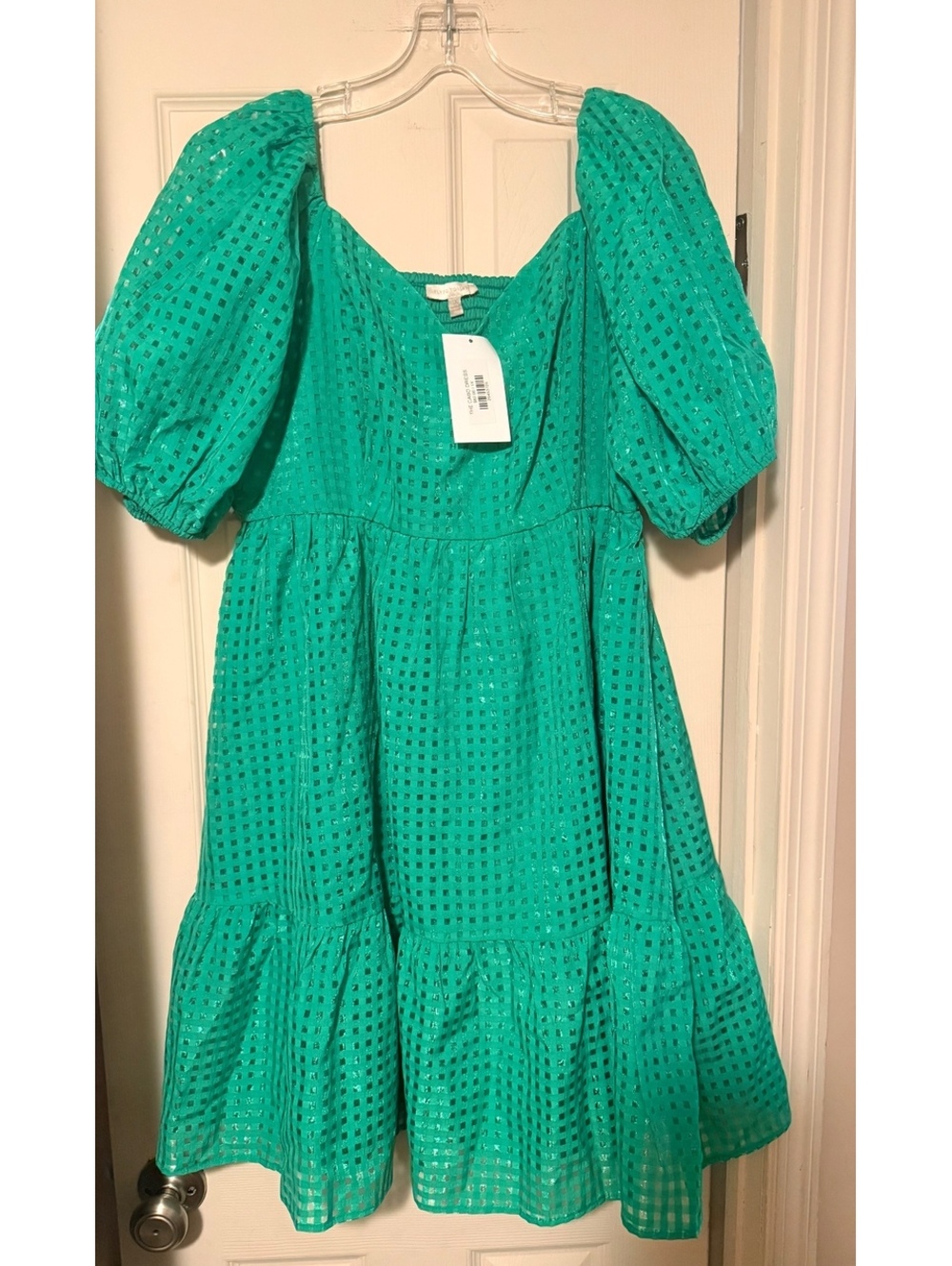 NWT Women’s Plus Green Flying Tomato 1X Dress Windowpane Puff Sleeve